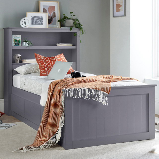 Bedmaster Enzo Grey Single 3 Drawer Wooden Bed with Bookcase Headboard - image 1
