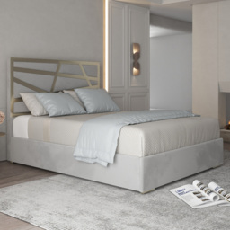 Arabella Grey Double Velvet Upholstered Metal Bed Frame with Panelled Headboard - thumbnail 1
