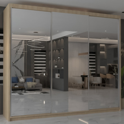 M N Furniture Modern Gala 3 Door Oak Mirrored Sliding Wardrobe 250cm - thumbnail 1