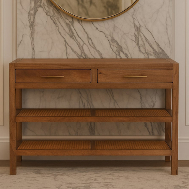 Artisan Furniture Saffron Honey Caramel 2 Door 2 Shelf Solid Wood Rattan Console Table - image 1