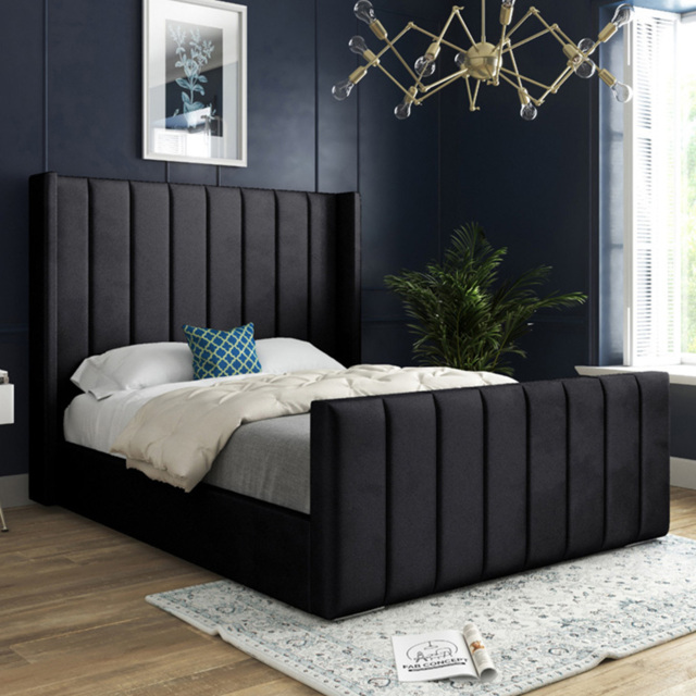 Romano Super King Size Black Soft Velvet Upholstered Bed Frame with Straight Winged Headboard - image 1