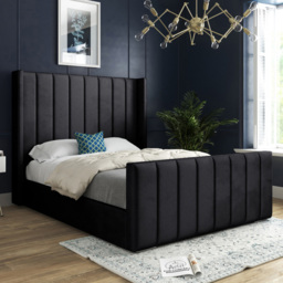 Romano Super King Size Black Soft Velvet Upholstered Bed Frame with Straight Winged Headboard - thumbnail 1