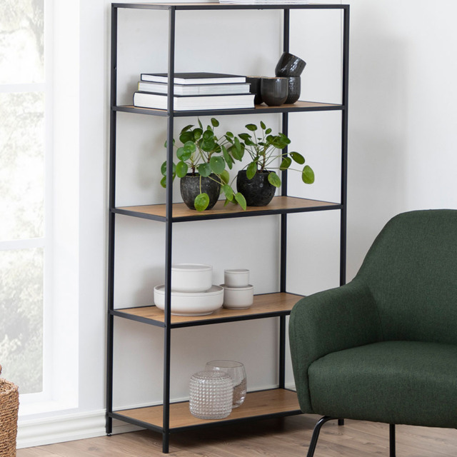 Florence Seaford 4 Shelf Oak and Black Metal Bookcase - image 1