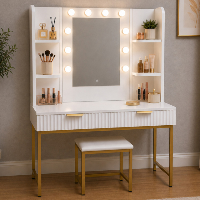 Kosy Koala Eva 2 Drawer 4 Shelf White and Gold Dressing Table Set with LED Mirror - image 1