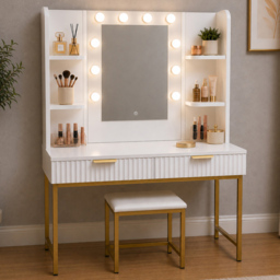 Kosy Koala Eva 2 Drawer 4 Shelf White and Gold Dressing Table Set with LED Mirror - thumbnail 1