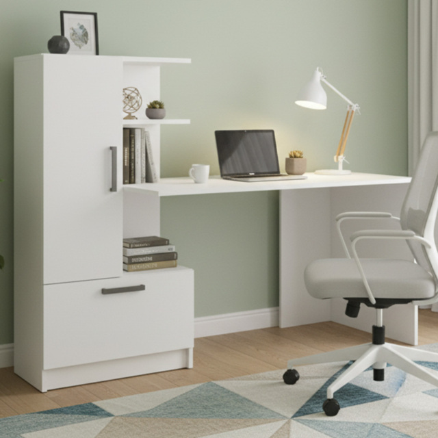 Shefa Arden Single Door Single Drawer 2 Shelf Computer Desk White - image 1