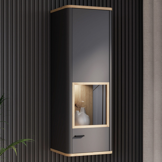 Florence Klara Single Door Grey and Oak Glass Display Cabinet with LED Lighting - image 1