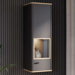 Florence Klara Single Door Grey and Oak Glass Display Cabinet with LED Lighting - thumbnail 1
