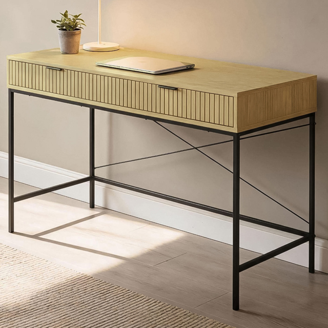Home Source Wisbech Oak Effect and Black 2 Drawer Desk - image 1