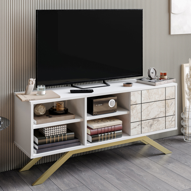 Decorotika North White Marble Effect and Gold Single Door 4 Shelf TV Unit - image 1