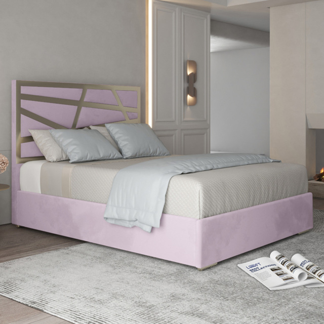 Arabella Pink Double Velvet Upholstered Metal Bed Frame with Panelled Headboard - image 1