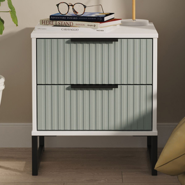 Crowndale Fluted 2 Drawer Duck and White Matt Compact Bedside Cabinet Ready Assembled - image 1