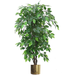 Leaf Green Bushy Ficus Leaf Artificial Plant with Gold Metal Planter 120cm - thumbnail 1