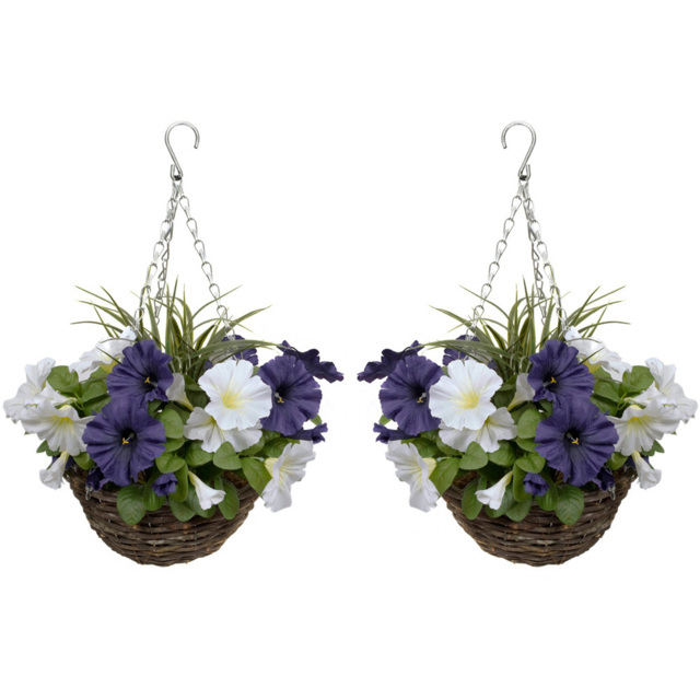GreenBrokers Artificial Dark Purple and White Petunias Round Rattan Hanging Plant Baskets 2 Pack - image 1