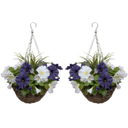 GreenBrokers Artificial Dark Purple and White Petunias Round Rattan Hanging Plant Baskets 2 Pack - thumbnail 1
