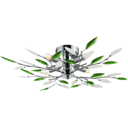 Happy Homewares Chrome Semi Flush Ceiling Light Fitting with Green and Frosted Leaves