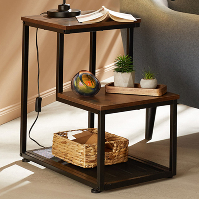 tectake Halifax 3 Tier Rustic Dark Wood Bedside Table - image 1