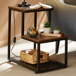 tectake Halifax 3 Tier Rustic Dark Wood Bedside Table - thumbnail 1