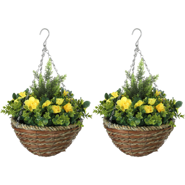Portland Set of 2 Yellow Lisianthus Artificial Faux Flower in Wicker Hanging Basket - image 1