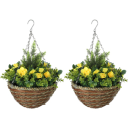 Portland Set of 2 Yellow Lisianthus Artificial Faux Flower in Wicker Hanging Basket - thumbnail 1