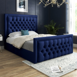 Rovigo Small Double Blue Soft Velvet Upholstered Bed Frame with Deep Buttoned Headboard