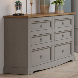 Corona 6 Drawer Grey Washed Wax Finish Wide Chest of Drawers