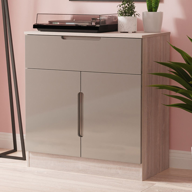 Crowndale Milan Grey Gloss and Grey Oak 2 Door Single Drawer Sideboard Ready Assembled - image 1
