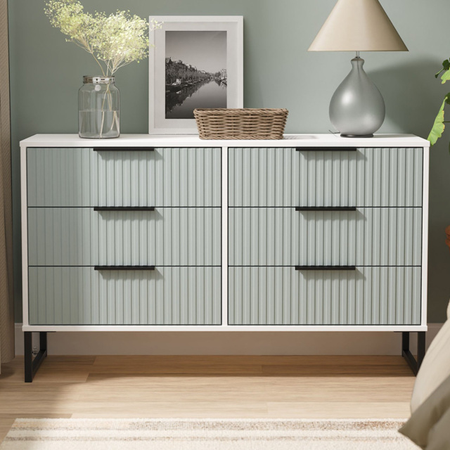 Crowndale Fluted 6 Drawer Duck and White Matt Wide Chest of Drawers Ready Assembled - image 1