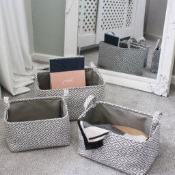 JVL Argyle Grey Rectangular Paper Storage Baskets with Handles 3 Pack - thumbnail 2