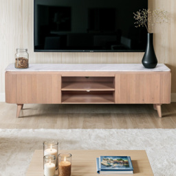IH Design Bundi 2 Door 2 Open Shelf Natural Marble and Wood Large TV Cabinet - thumbnail 1