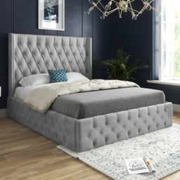Turin Double Grey Soft Velvet Upholstered Bed Frame with Straight Winged Headboard