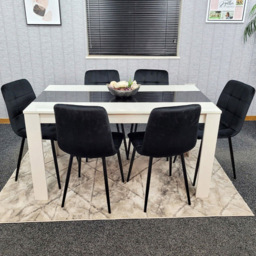Portland White and Black 6 Seater Velvet and Wood Dining Set