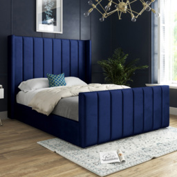 Romano Small Single Blue Soft Velvet Upholstered Bed Frame with Straight Winged Headboard