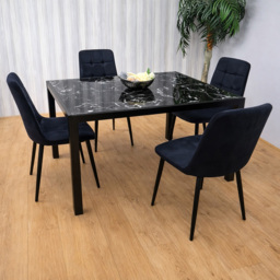 Portland Marble Effect Glass 4 Seater Velvet Dining Set Black