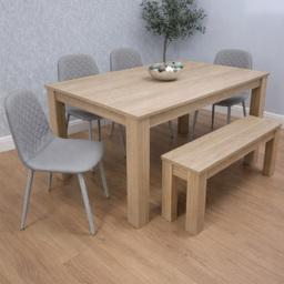 Kosy Koala 6 Seater Faux Leather Dining Bench Set Oak Effect and Grey