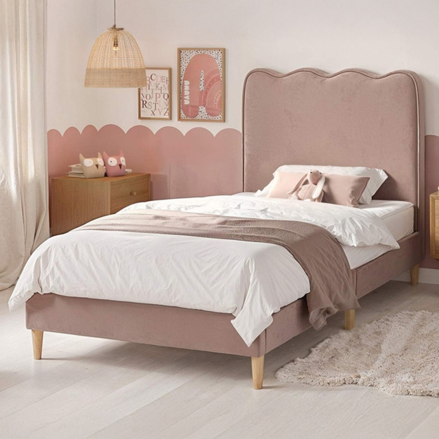 Flair Ellis Pink Velvet Single Bed Frame with Cloud Headboard - image 1