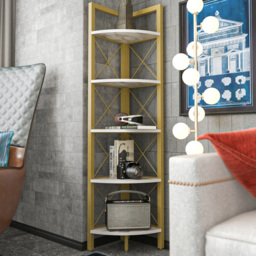 Decorotika Remo 5 Tier White and Gold Corner Bookshelf with Metal Frame
