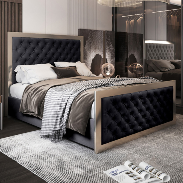 Maddison Black King Size Velvet Upholstered Metal Bed Frame with Padded Headboard - image 1