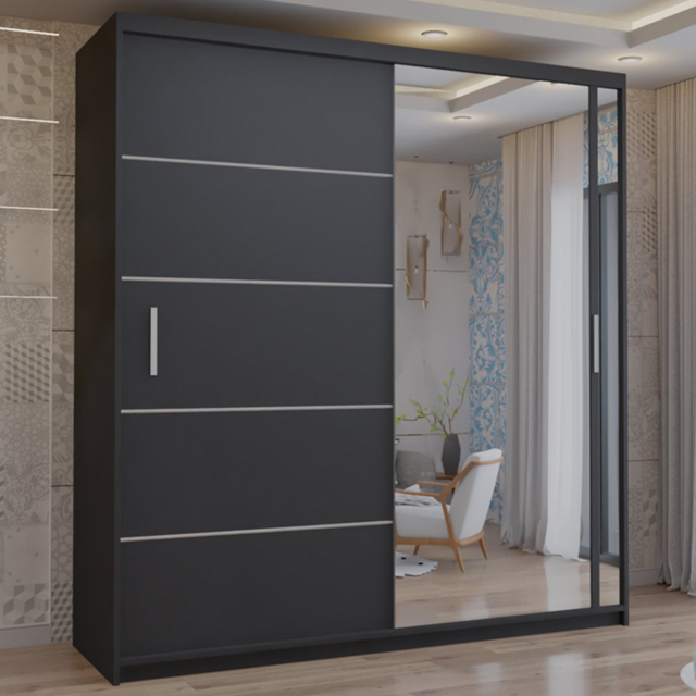M N Furniture Venece 2 Door Black Mirrored Sliding Wardrobe 150cm - image 1
