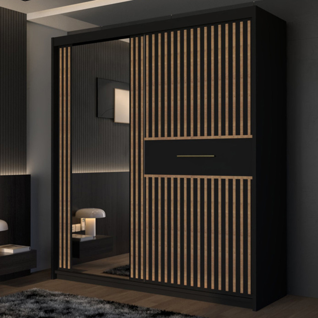 M N Furniture Laiyal 2 Door Black Mirrored Sliding Wardrobe with Oak Strip 150cm - image 1