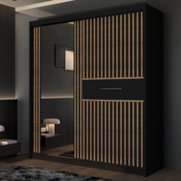 M N Furniture Laiyal 2 Door Black Mirrored Sliding Wardrobe with Oak Strip 150cm