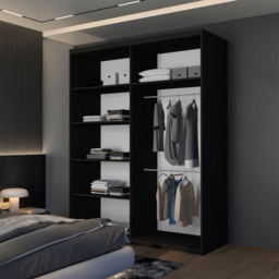 M N Furniture Laiyal 2 Door Black Mirrored Sliding Wardrobe with Oak Strip 150cm - thumbnail 4