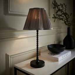 ValueLights Maeve Dark Grey Pleated Faux Silk Scallop Shade Black Bobbin Table Lamp - thumbnail 2
