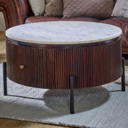 Brooklyn Opal Single Drawer Marble Top Mango Wood Round Fluted Coffee Table