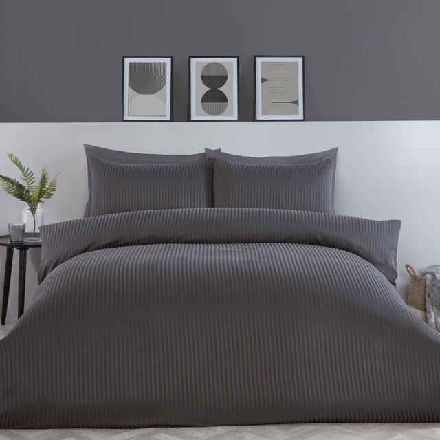 Pimlico Charcoal King Size Satin Stripe Duvet Set - image 1