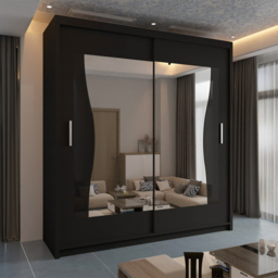 Sliding Wardrobes 4U Batumi Black 2 Door Curved Mirrored Wardrobe