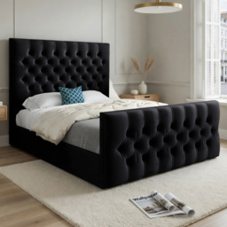 Novara Black King Size Velvet Upholstered Bed Frame with Pleated Chesterfield Headboard