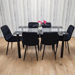 Portland Glass 6 Seater Velvet Dining Set Black