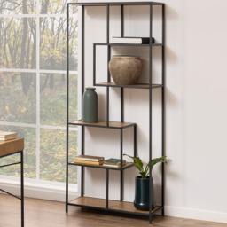 Florence Seaford 5 Shelf Oak and Black Metal Bookcase