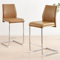 Furniturebox Fontana Tan Faux Leather and Silver Leg Counter Stools Set of 2 - thumbnail 1